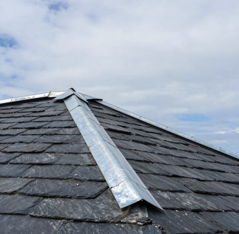Low-angle architectural shot of a slate roof with hand-beaten zinc joints meeting a dramatic coastal sky, bright overcast daylight, sharp focus
