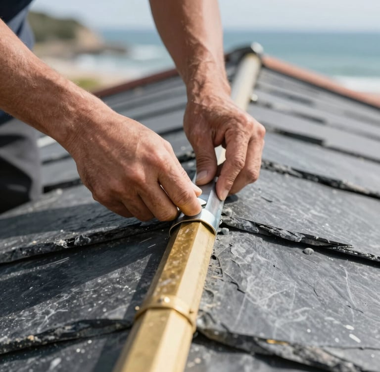 Close-up of hands beating a zinc joint on a slate roof, natural coastal daylight, focus on texture and craftsmanship