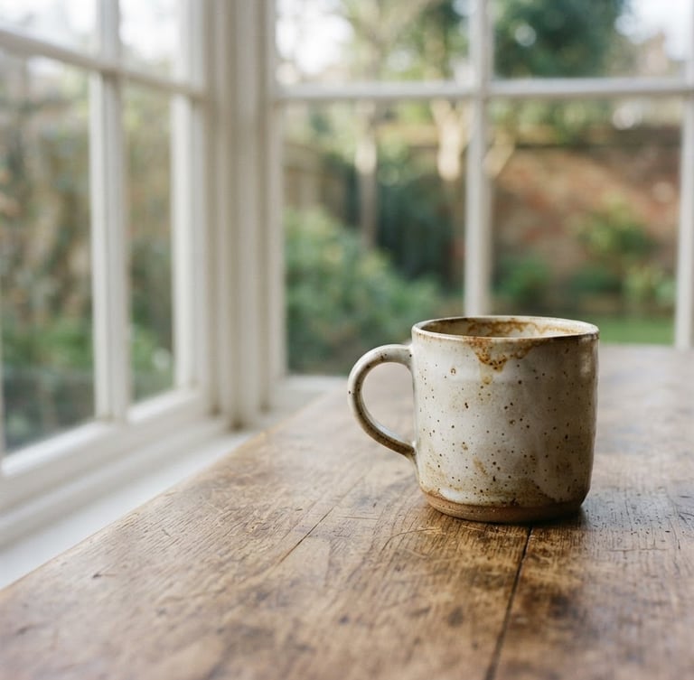 Raw analog photography of a used ceramic mug on a wooden table, soft natural afternoon light streaming through a window, muted warm tones, subtle film grain, 35mm lens, negative space on the left