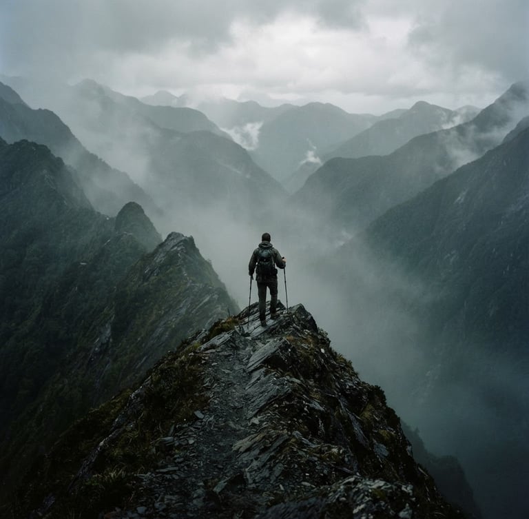 Moody overcast daylight in a vast mountain range, a solitary figure standing on a sharp ridge looking into misty fog, deep jungle greens and dark charcoal tones, cinematic 35mm