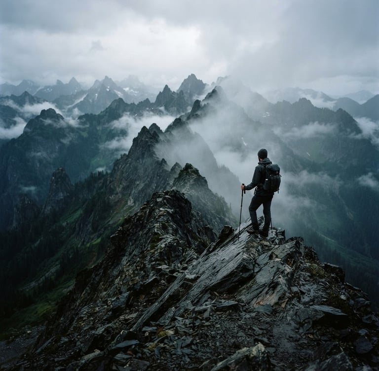 A solitary figure standing on a sharp misty mountain ridge, dark charcoal rock formations, moody overcast daylight, cinematic 35mm