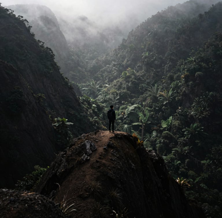 A solitary figure standing on a sharp, windswept mountain ridge looking into a deep misty valley, low-angle dramatic sunlight, dark charcoal tones.