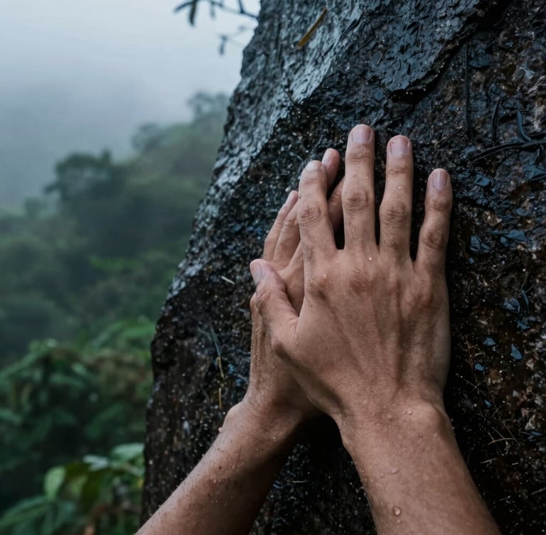 Extreme close-up of weathered hands gripping a wet, dark granite rock face, water droplets clinging to skin, moody overcast lighting, high contrast