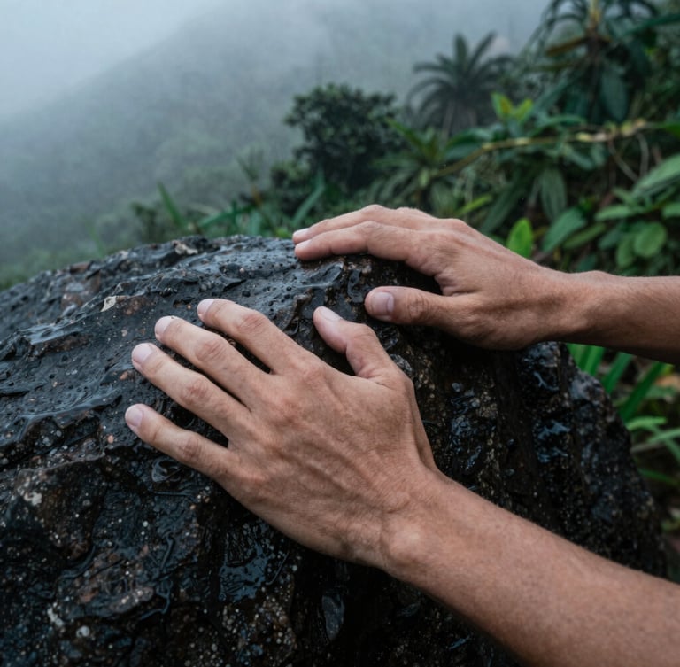 Extreme close-up of hands gripping wet, dark granite rock, water droplets visible, high focus and tension, moody overcast lighting