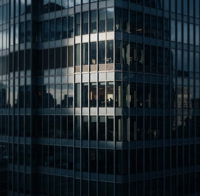 Editorial corporate photography of a modern high-rise glass facade with clean architectural lines, cool slate blue and desaturated navy tones, dramatic window light and deep shadows, shallow depth of field, 35mm.