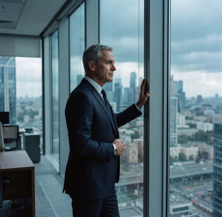 Candid, deep-focus portrait of a mature male executive in a dark suit, looking thoughtfully out of a high-rise office window, cool dramatic daylight, desaturated blue and slate tones, shallow depth of field, 35mm
