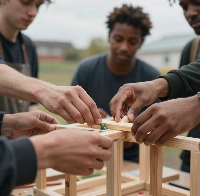 A close-up photograph of a hands-on community workshop in Bristol, hands of diverse volunteers building a wooden structure together under natural overcast daylight.