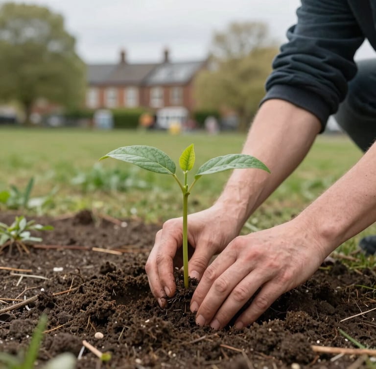 A vertical portrait of hands carefully planting a young sapling in rich soil at a neighborhood park in northern England, diffused natural overcast daylight.