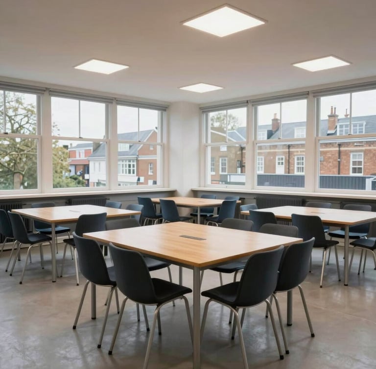 A medium-wide environmental shot of a modern, light-filled UK community center meeting room with large windows, soft overcast London daylight, wooden tables and chairs, clean and professional setup.
