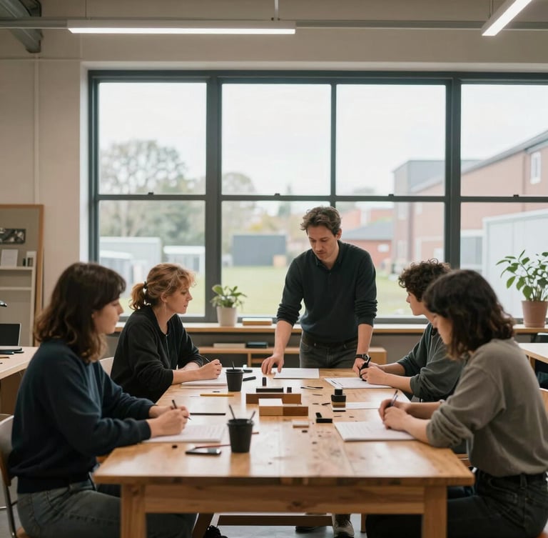 A medium-wide shot of a modern UK community workshop, an instructor guiding adult learners around a wooden workbench under soft, natural overcast window light.