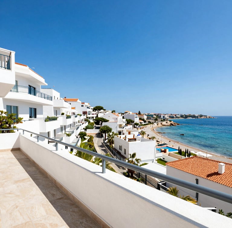 Bright editorial travel photography, sunlit modern hotel balcony overlooking a Mediterranean coastal town, clear blue skies, wide-angle lens