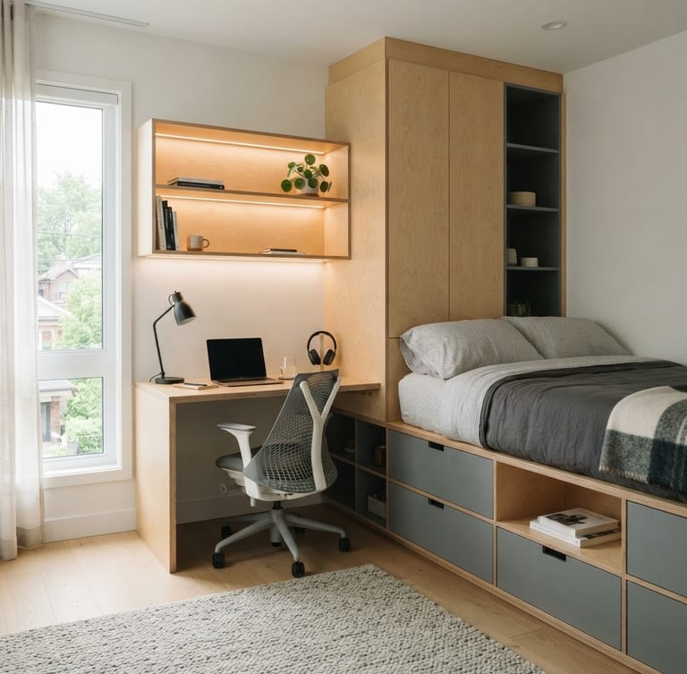 Clean architectural photograph of a modular desk system integrated with a storage bed in a modern teen bedroom, warm birch wood and slate gray surfaces, natural window light, subtle LED backlighting, no clutter, 35mm