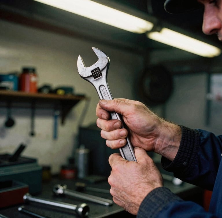 Close-up of a mechanic's grease-stained hands holding a spanner in a busy independent UK workshop, warm overhead shop lighting, 35mm film look
