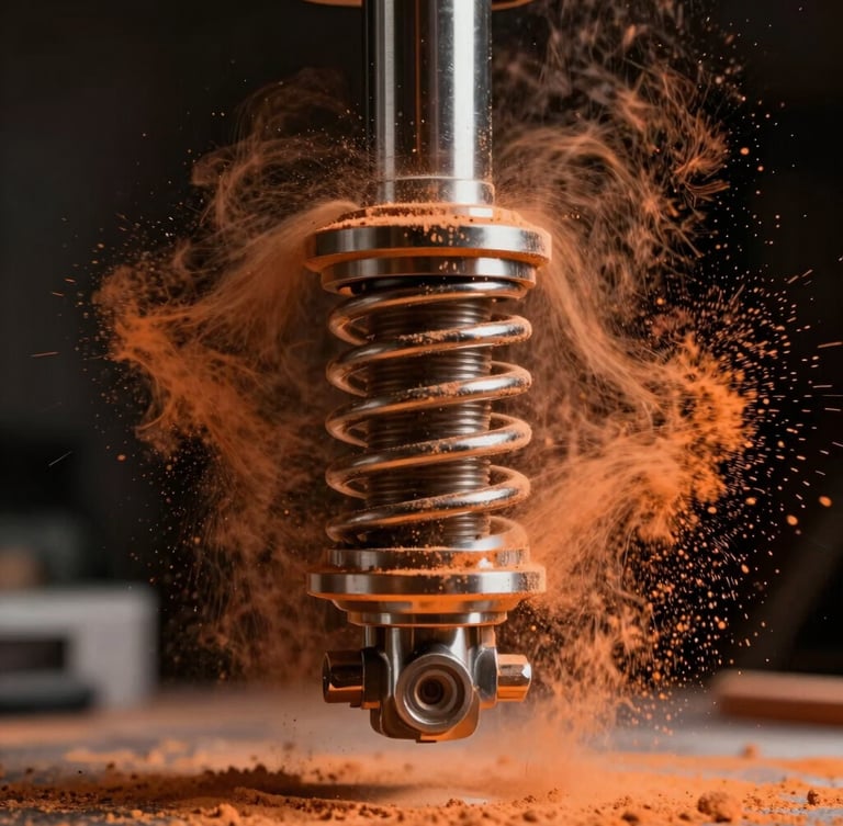 Macro shot of electrostatic powder cloud wrapping around a high-performance steel suspension arm, dramatic orange lighting catching the fine particles