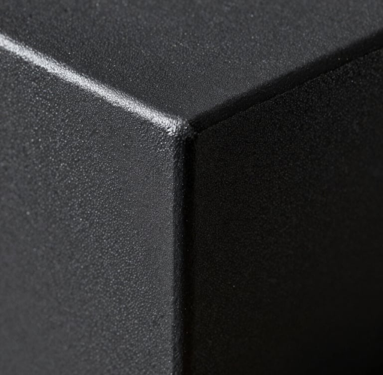 Macro shot of a freshly cured textured matte black powder-coated steel component, dramatic directional light catching the micro-texture, deep iron-grey shadows.