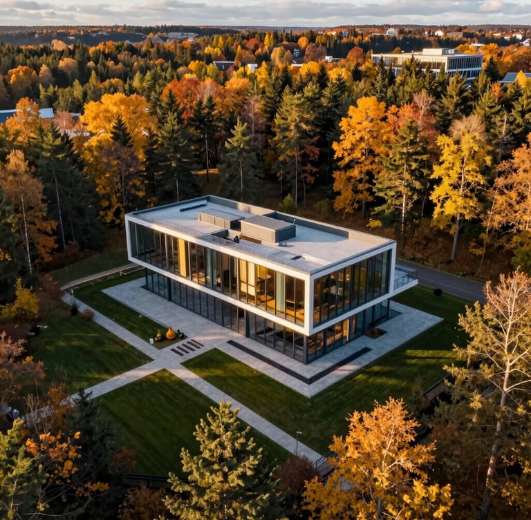 Wide-angle cinematic aerial sweep of a modern Scandinavian architectural villa nestled in a vibrant autumn forest, golden hour sunlight reflecting off the glass facade, shot from a 45-degree angle