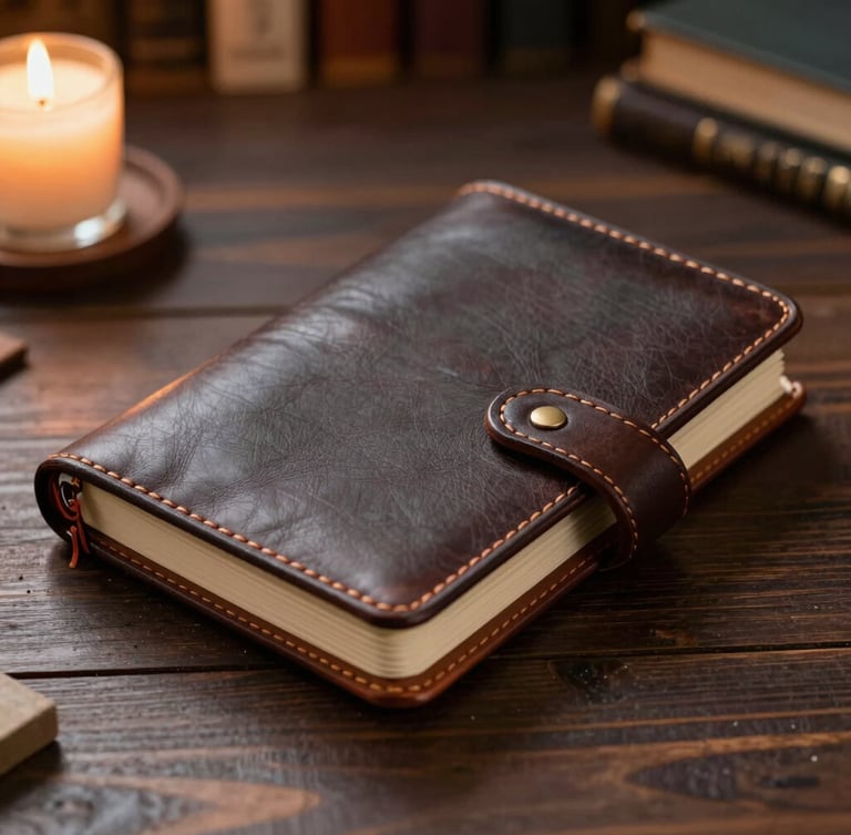 Tactile close-up of a hand-bound leather journal resting on a dark wooden table in a private study, warm candlelit atmosphere.