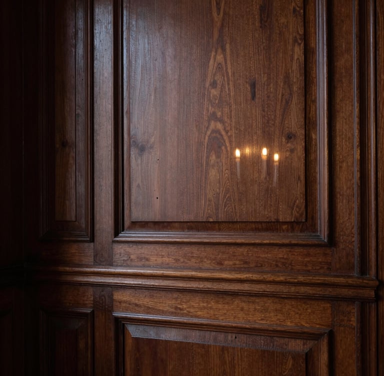 Chiaroscuro architectural detail of a private Parisian salon, soft candlelight reflecting on dark wood paneling, elegant negative space, portrait orientation