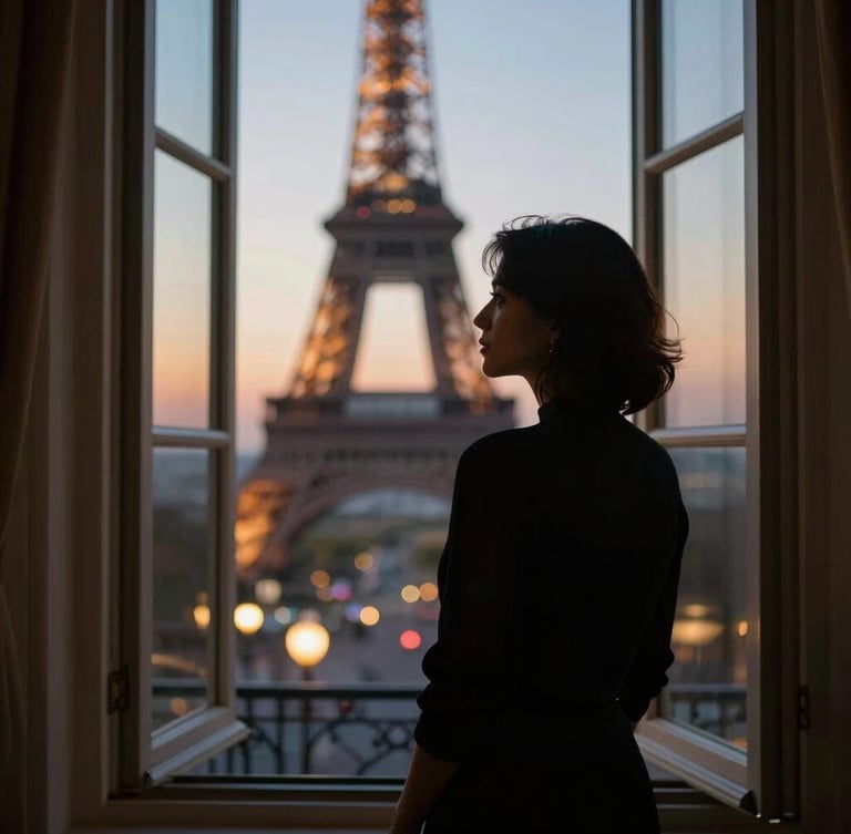 Soft-focus, low-lit silhouette of an elegant individual looking out of a tall Parisian window at dusk, warm interior lamp glow.
