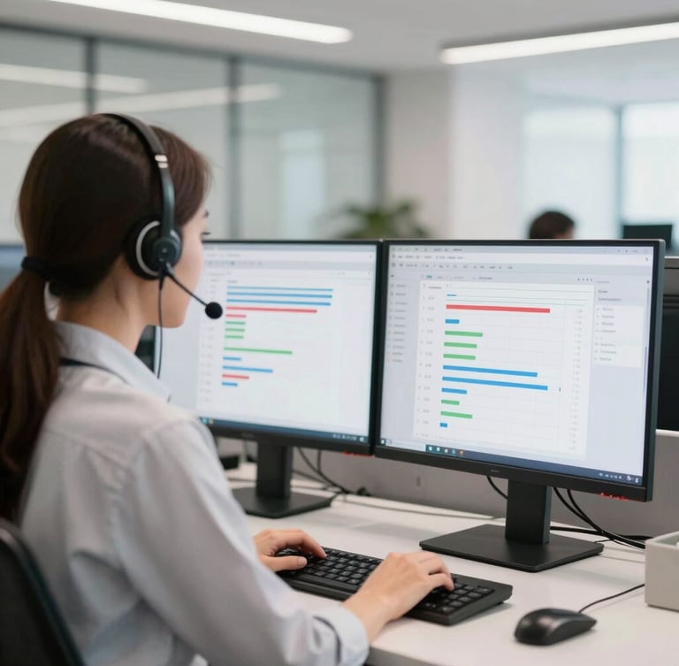 A bright modern corporate office, a professional call center agent wearing a headset looking at a dual-monitor data dashboard displaying real-time call routing metrics, high-key lighting, shallow depth of field.