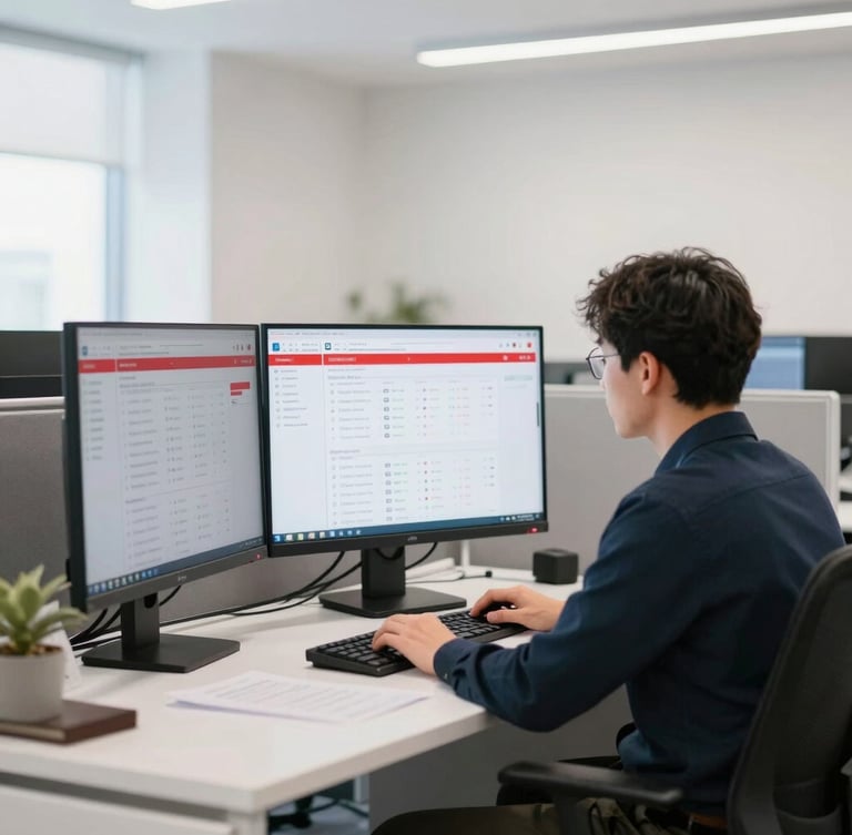 A professional media buyer analyzing live traffic dashboards in a bright corporate office, clean high-key lighting, red accents on screens.