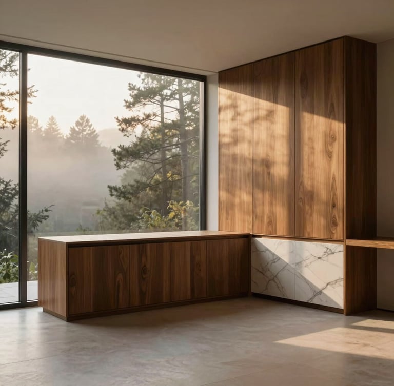 Cinematic wide shot of a luxury minimalist living room with custom walnut cabinetry, marble details, flooded with soft golden hour light, looking out to a misty forest canopy