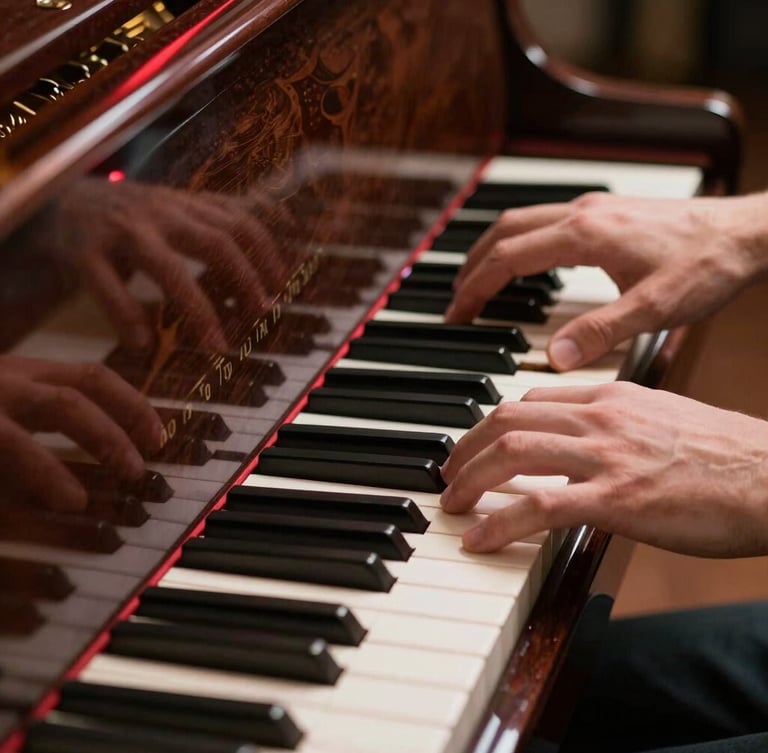 Macro shot of hands playing a polished dark grand piano, red laser-like rim light reflecting on the wooden surface, high contrast.