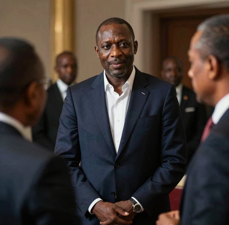 Medium-close portrait of Dr. Jean Narcisse Djaha in a high-level diplomatic setting, engaging with leaders. High-contrast editorial lighting, deep shadows, shallow depth of field, 35mm.