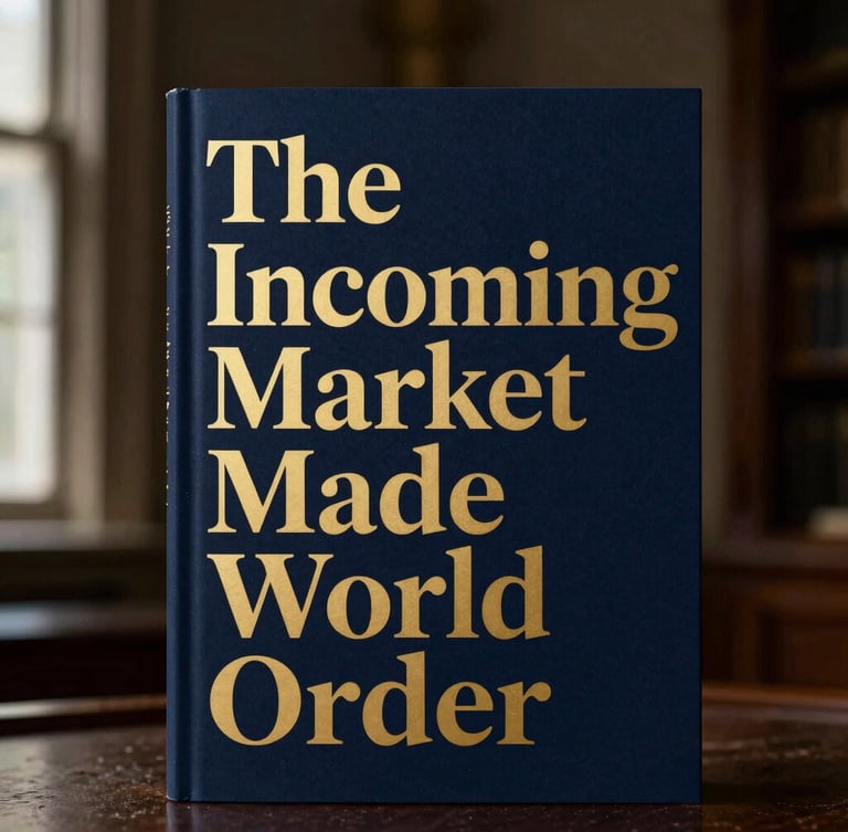 High-contrast editorial shot of 'The Incoming Market Made World Order' book cover, deep navy and muted gold tones, shallow depth of field, 35mm, against a dark academic background, dramatic side-lighting.