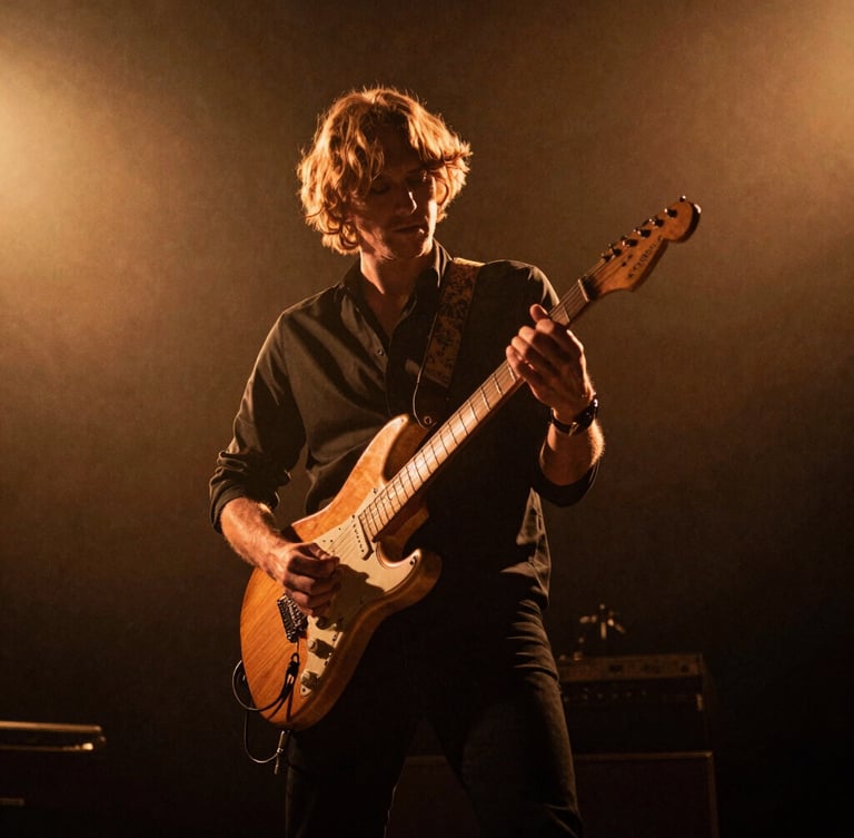 Dynamic low-angle performance shot of Roger Blount playing an electric guitar on a dark stage, warm amber backlighting, high-contrast shadows, 35mm film grain.