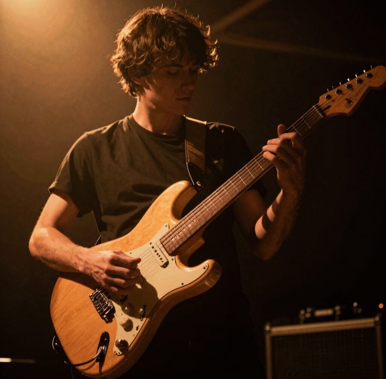 Dynamic low-angle shot of hands playing a vintage electric guitar under dramatic warm amber stage backlighting, deep shadows, moody editorial style.