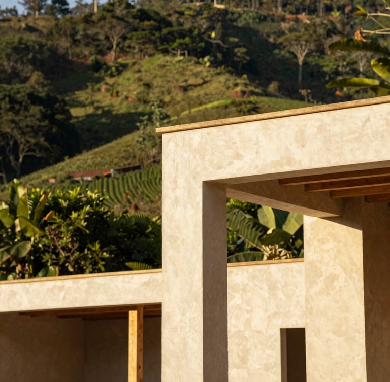 Architectural detail of natural building materials being crafted on a hillside construction site in Pereira, warm golden-hour sunlight, lush green background