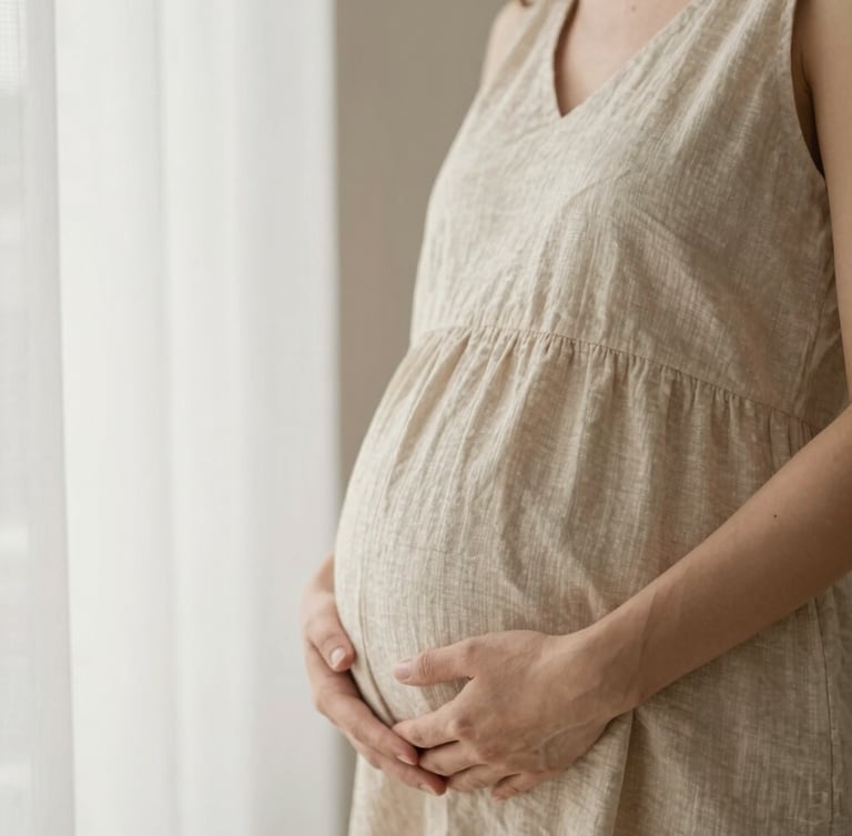 Close-up portrait of a pregnant mother gently holding her belly, soft warm window light, neutral beige linen dress, shallow depth of field, minimalist organic aesthetic