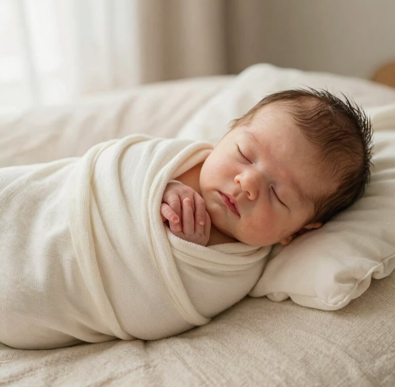 A newborn baby wrapped in a soft cream organic cotton blanket, resting peacefully on a beige linen surface, warm diffuse side light, macro shot of tiny baby hands