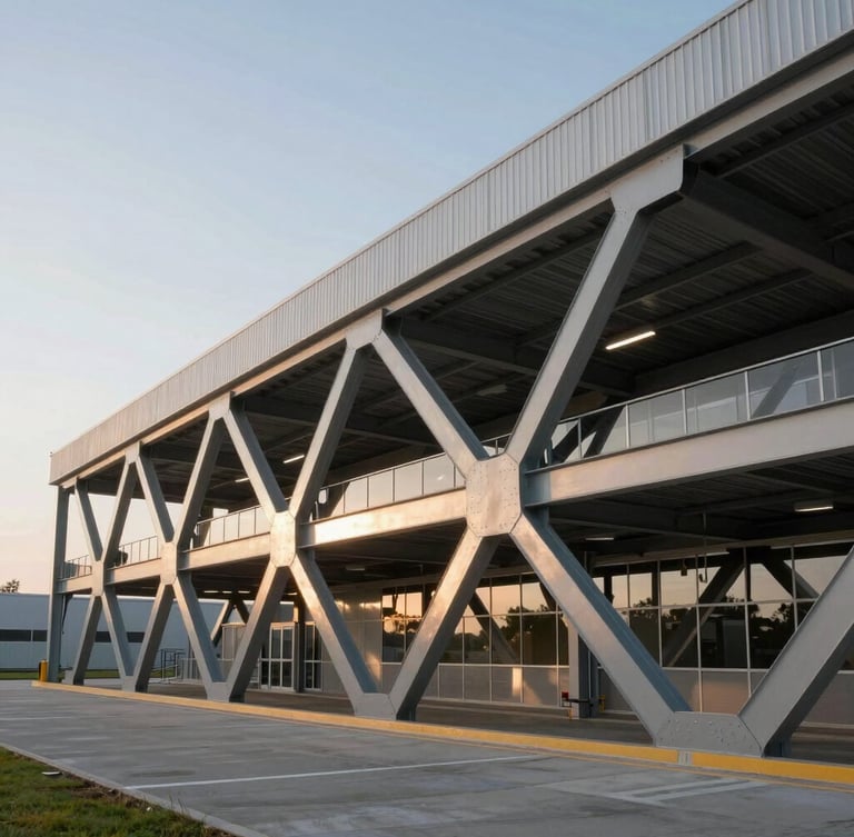 Estructura arquitectónica de un centro de distribución moderno con vigas de acero geométricas expuestas bajo luz natural de mañana.