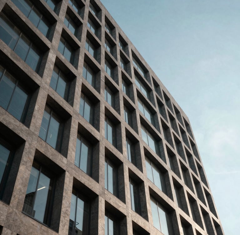 Vista en ángulo contrapicado de la estructura geométrica de un edificio de hormigón y cristal, líneas puras, sombras profundas y luz de día fría.
