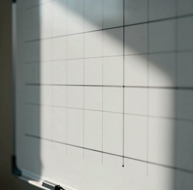 Extreme macro detail of a structured physical whiteboard with architectural grid lines, sharp daylight casting deep cool shadows, technical planning materials.