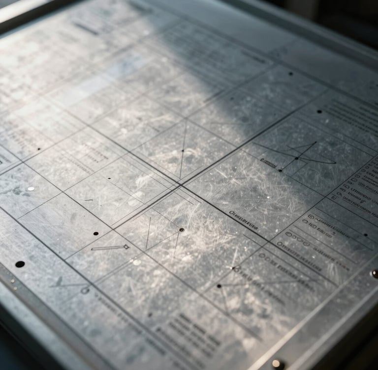 Detalle macro de un panel de planificación metálico con marcas geométricas precisas y notas técnicas, iluminación diurna fría y sombras profundas.