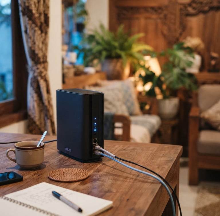 Sleek modern fiber optic router on a wooden desk inside a warm Indonesian home, soft blue ambient light, shallow depth of field, modern lifestyle photography