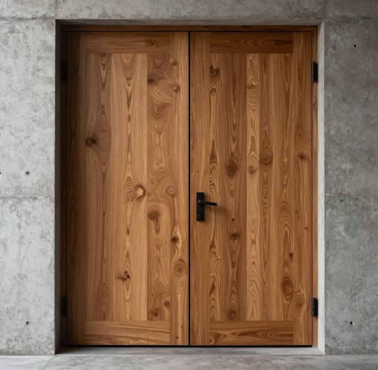 Vertical portrait of a massive solid oak pivot door installed in a minimalist concrete entryway, dramatic side-lighting highlighting the deep grain texture.