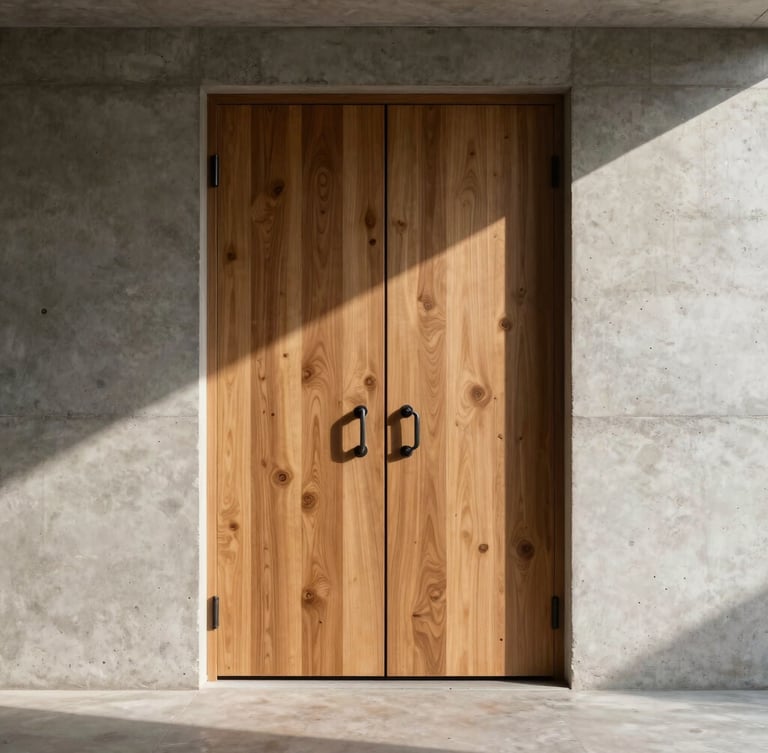 Vertical portrait crop of a massive solid oak pivot door installed in a minimalist raw concrete entryway, dramatic side lighting casting long shadows