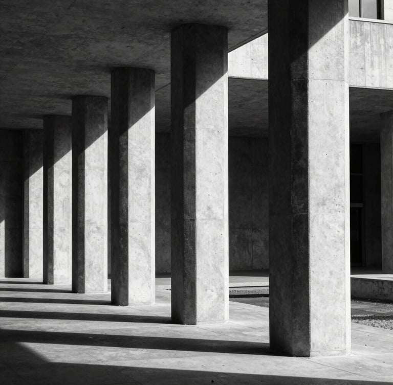 Stark architectural geometry, high-contrast black-and-white concrete pillars casting sharp linear shadows, clinical technical framing.