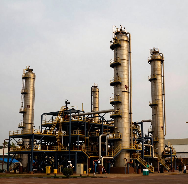 Wide architectural shot of a secure, modern refining facility in Kampala under overcast daylight, with clear institutional branding, right side bleed.