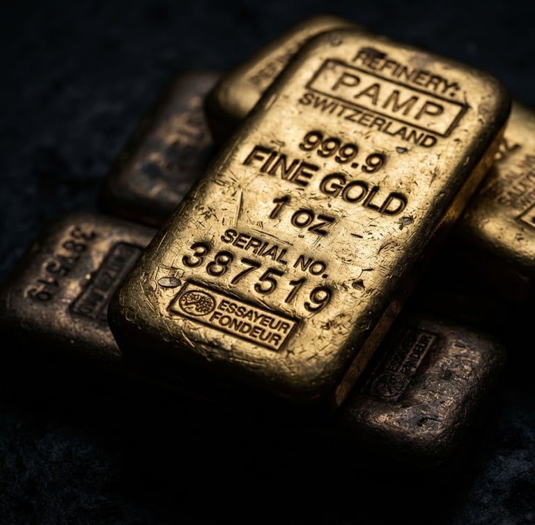 Macro close-up of raw gold bullion bars with visible serial numbers, high-contrast studio lighting, rich metallic gold and deep obsidian tones, macro lens, off-center to the right