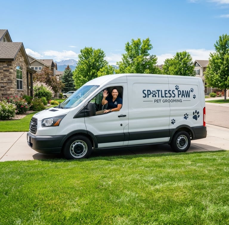 Bright, high-key outdoor daylight shot of a clean, marked Spotless Paw service vehicle parked on a vibrant green lawn in a suburban Longmont neighborhood, with a friendly technician in uniform waving from the driver's side. Wide environmental shot, crisp and sunny.