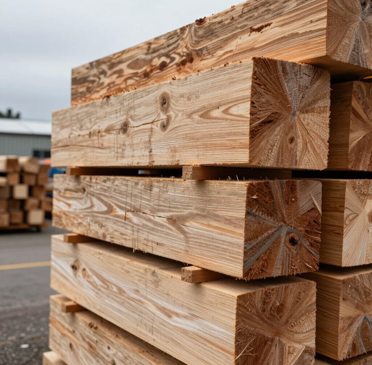 Extreme close-up of raw stacked Coihue timber blocks, showing dense end-grain texture under overcast southern Chilean light, industrial yard background