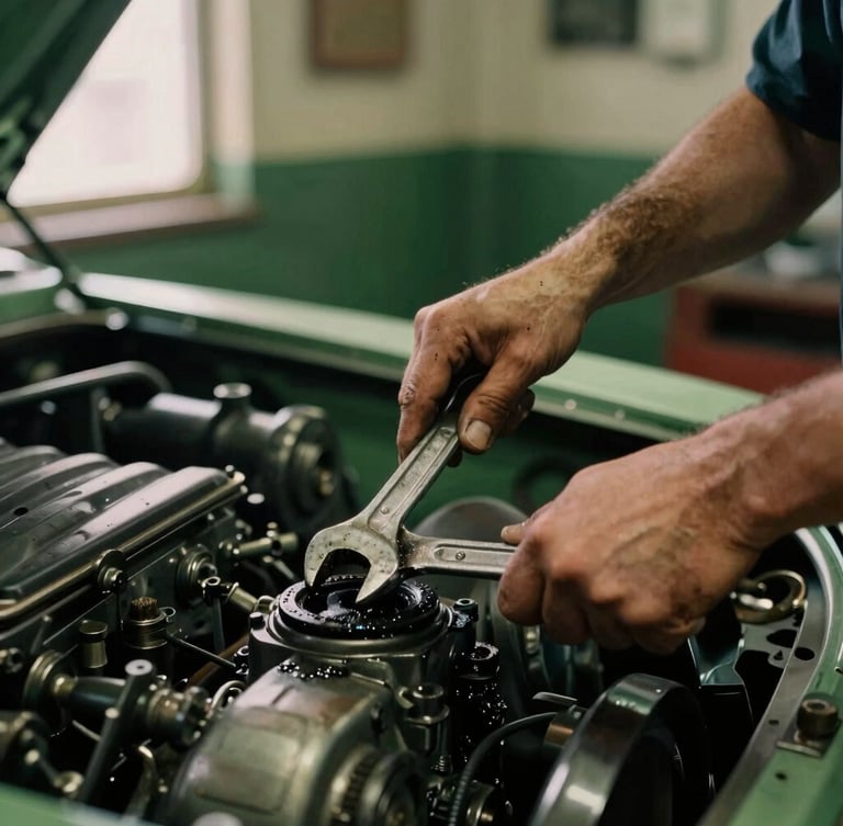 Close-up of a mechanic's hands, stained with grease, holding a vintage wrench over a classic car engine, warm dramatic side-lighting, shallow depth of field, rich forest green tones.