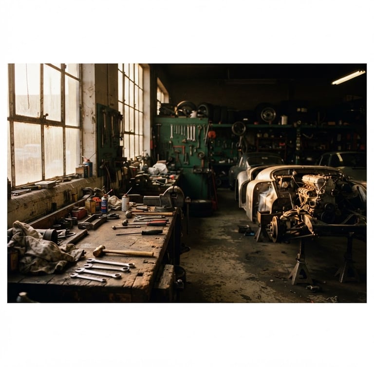 Wide panoramic shot of a vintage workshop interior at golden hour, warm light filtering through dirty windows, a classic car chassis partially visible on the right, tools scattered on a workbench in the foreground to the left. Moody, high contrast, shallow depth of field.