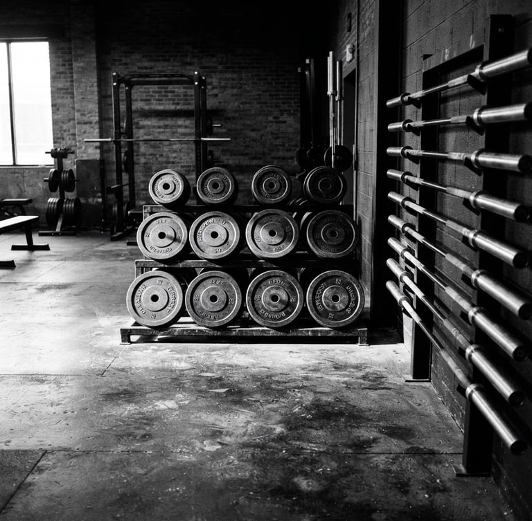 Wide shot of an empty, high-contrast black and white gym floor, heavy iron plates stacked neatly, barbells on racks, harsh side lighting creating deep shadows and bright reflections on metal surfaces, raw, gritty texture.
