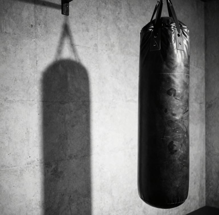 Black and white portrait shot of an empty gym corner with a single punching bag, high contrast, rough concrete wall, sharp focus, side lighting creating a dramatic shadow.